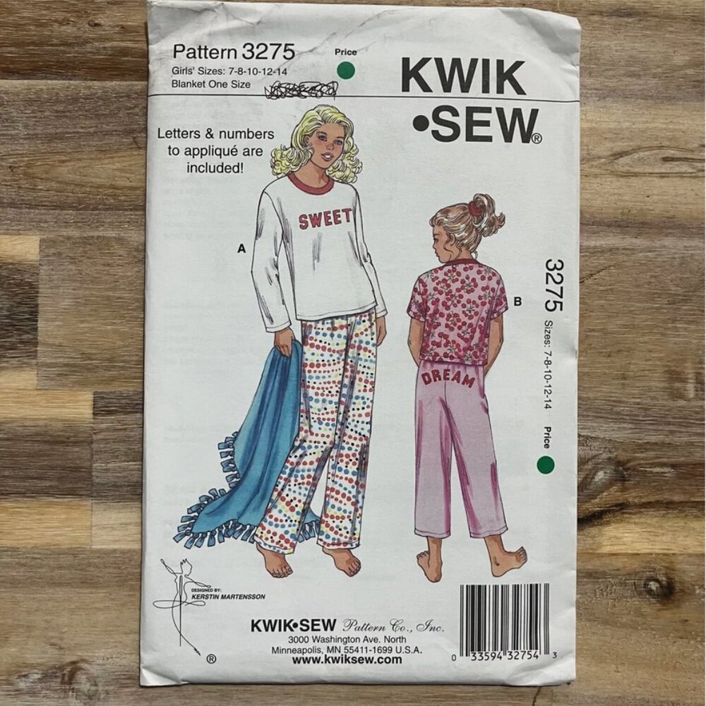 UNCUT Sewing Pattern Kwik Sew 3275 Pajamas Sleep Pants Tops Blanket Girls 7-14